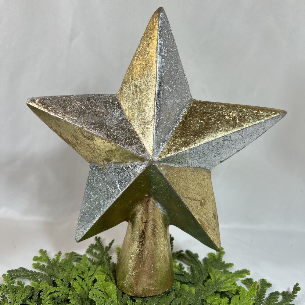 Vintage Gold Silver Christmas Tree Topper Star Paper Mache Metallic Foil 11"